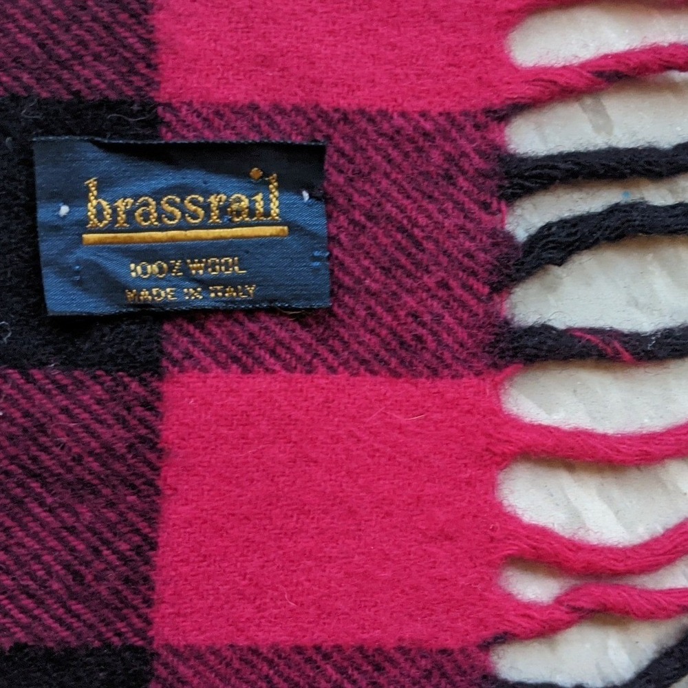 Brassrail Pink Black Buffalo Plaid 100% Wool Scarf Made in Italy Fringe Trim - Picture 6 of 6
